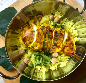 Sous Vide Chicken Breast With Turmeric and Saffron Cilantro and Mint Chutney and Jazzmen Saffron Rice